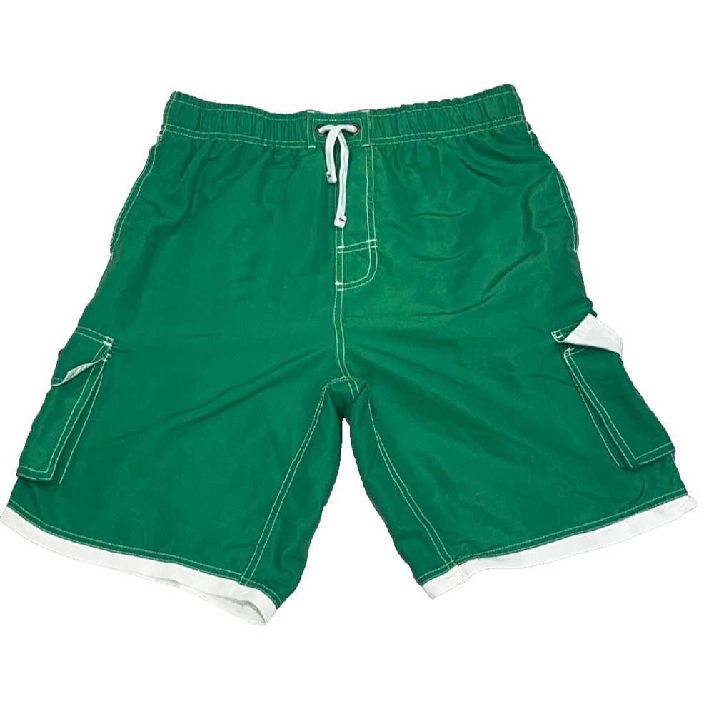 Cargo Board Shorts Swim Trunks Ingear Mens M Green White Trim Drawstring Elastic